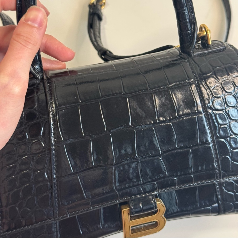 Balenciaga Hourglass Small Black Croc-Embossed Handbag - Picture 6 of 17